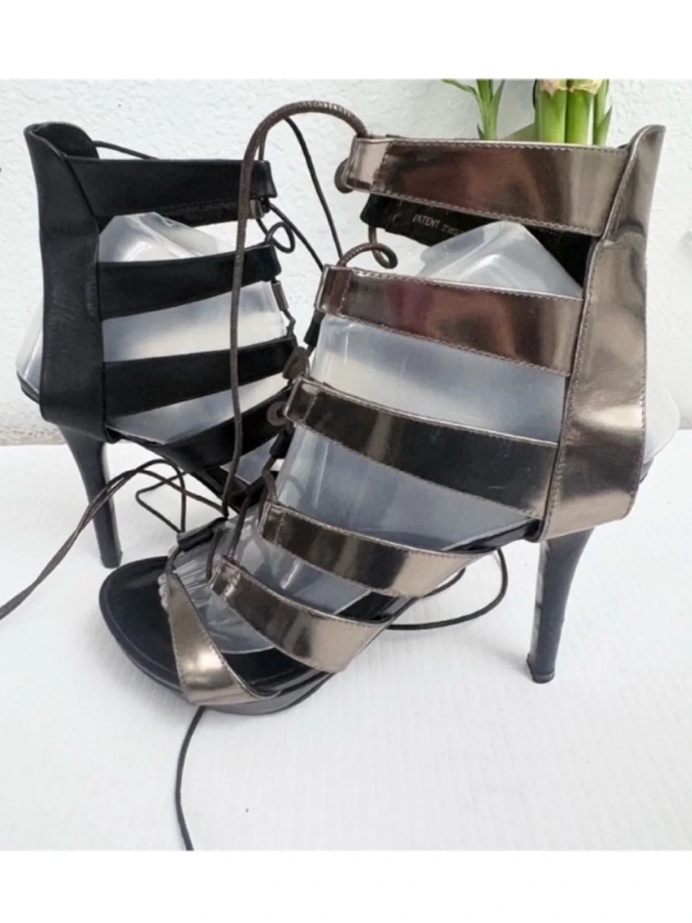 THESIS Couture Gladiator Black Silver Metallic Strappy High Heel Sandals Sz 39